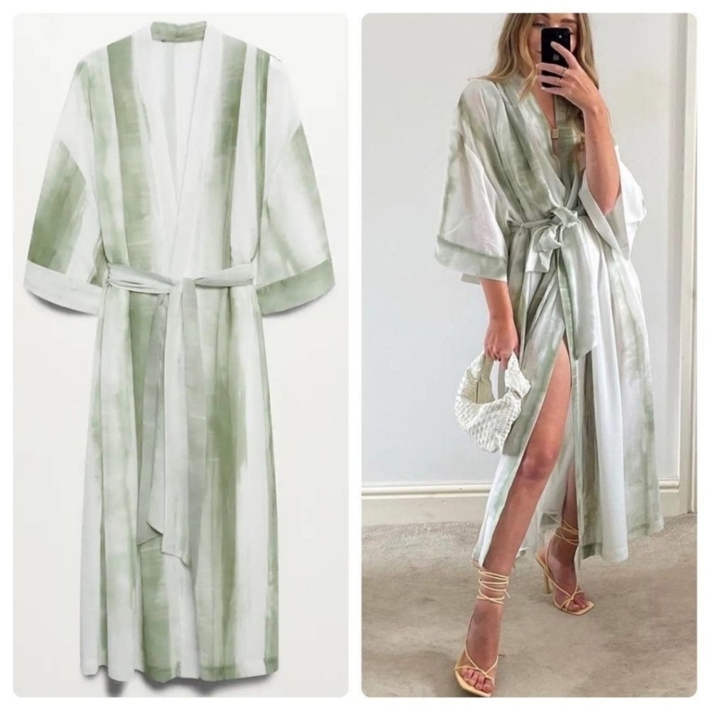 Mango MNG Pastel Tie Dye Green Kimono Dress Wrap Sz XS/S - Picture 2 of 9